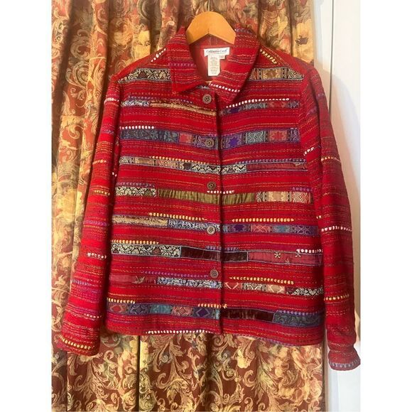 Coldwater Creek Art To Wear Red Lined Patchwork Tapestry Jacket - Picture 1 of 5